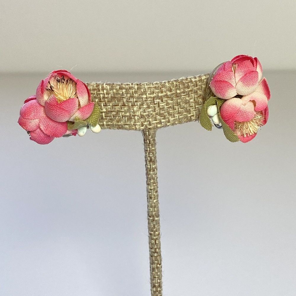 Vintage Handmade Fabric Faux Flower Pink Cream Magnolia Peony Screw Back Earring